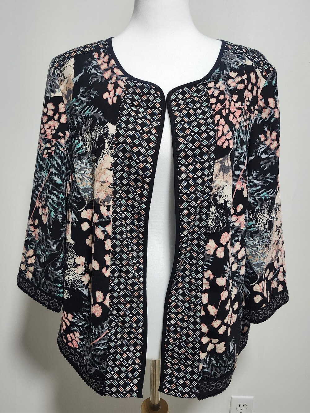 Peruna Black Floral Open Front Cardigan with Peach and Teal Accents